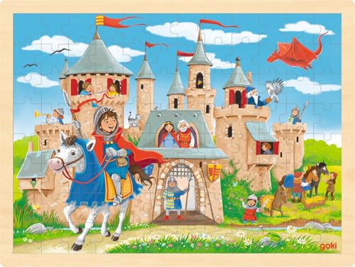 Goki- Re Legno Con Cavaliere E Castello, Giocattolo Educativo E Puzzle, Stimola L'Immaginazione E Le Capacità Motorie Dei Bambini, 40 Cm X 30 Cm, Set 