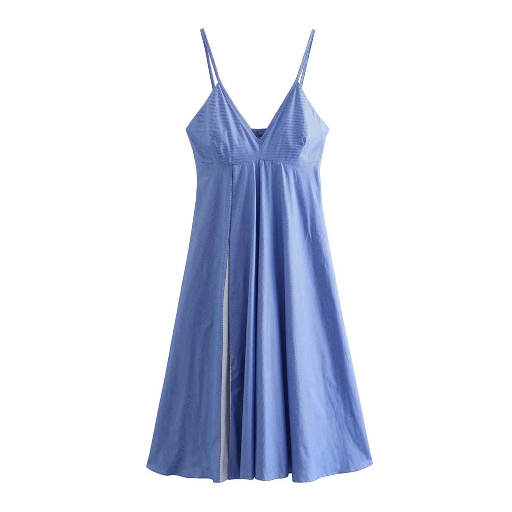 Dninmim Vestido halter de longitud media a rayas para mujer, cuello en V, para fiesta, sin espalda, camisolas sin mangas