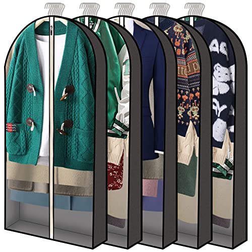 60" Garment Bags for hanging clothes, 4" Gussetes, Clear Moth Proof Suit Bag for Closet Storage or travel, Plastic Protector for wedding dress, long gowns, dance costumes, Sweaters, Shirts, Jackets,Coat, 5 Packs, Black