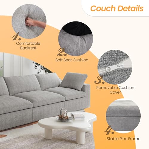 Image of JACH Modular Sectional Couch for Living Room, Modern Convertible Couches, 3 Seats Soft Cloud Couch, Cushion Covers Removable, Modular Sectional Sofas for Living Room Apartment, (Grey)