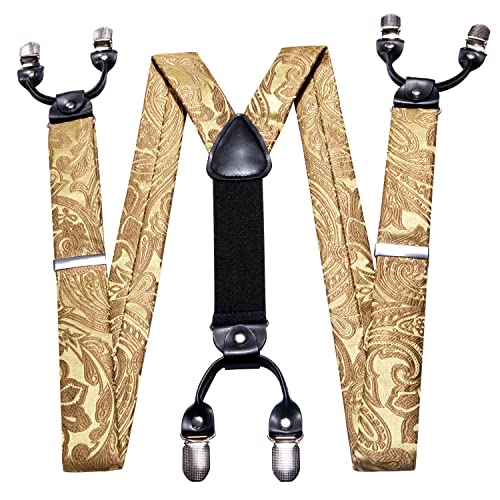 Image of Barry.Wang Men Suspender Set with Necktie Elastic Y Type Heavy Duty 6 Clips Braces Tie Handkerchief Cufflink Pin 6PCS