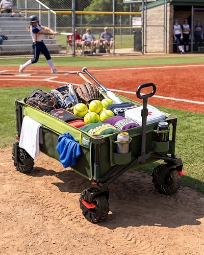 Image of TIMBER RIDGE 600L Beast Wagon 26 inch W Extra Wide All Terrain Folding w /Big Wheels, Cargo Net & Tailgate, 400lbs Heavy Duty Portable Cart 54.5 inch L Large Collapsible Wagons for Camping, Sports, Dogs, Green