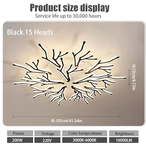 Plafonnier LED 200W moderne noir dimmable avec télécommande salon 15 têtes