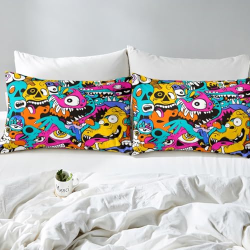 Graffiti Style Bedding Set for Kids Boys Teens Hip Hop Duvet Cover 2 Pieces 135 x 200cm & 2Pillowcase Colorful Hippie Soft Microfiber Graffiti Wall Art Design Comforter Cover with Zipper - Image 4