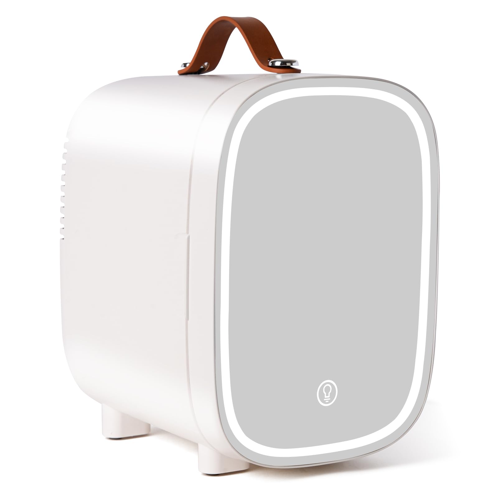 Mini Fridge for Bedroom, 4 Liter/6 Can Skincare Fridge With LED Mirror & Leather Carrying Handle,12v AC/DC Cooler & Warmer Portable Small Refrigerator for Drinks, Makeup, Dorm, Office and Car(White)