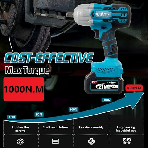 Image of Krost Pro Series 1000Nm Combo Torque Cordless Impact Wrench 1 /2 inch, Brushless Motor 21V(37V Max) Double Li-Ion Batteries(Cordless Wrench + 10Pc Impact Socket) - Fixed Square