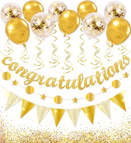 Congratulations Banner Kit for Graduation Party Decorations Class of 2026 Congrats Grad Decorations with Gold Balloons Glitter Banner Hanging Swirls & Garland Pre-Assembled Graduation Decor