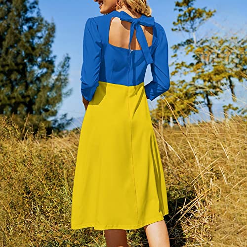 TAIZIYEAH Elegant Casual Ukrainian Flag Bow Dress for Women Floral Flared Dresses Girl's Summer Sun Beach Swing Dress 2XL4