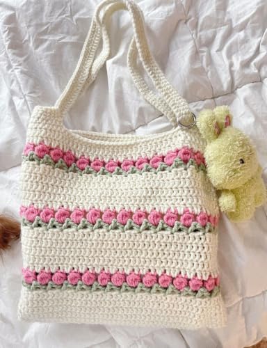 Image of I.F.H Handmade Crochet Tote Bag for Women, Floral Cotton Shoulder Bag, Knitted Crochet Handbag, Lightweight Bohemian Tote Purse for Shopping, Travel & Daily Use