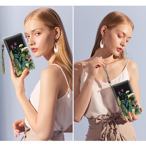 Image of Nipichsha Womens Wallet, RFID Wristlet Wallet for Women, Cute Ladies Purse, Large Credit Card Clutch Wallets with Zipper & Phone Holder, Dandelion, Modern