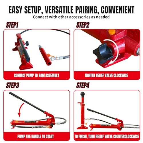 Image of BIG RED 10 Ton Porta Power Kit, 17-pcs Hydraulic Ram Auto Body Frame Repair Kit with Blow Mold Carrying Storage Case, 20,000 lbs Capacity,Red, T71001L Torin