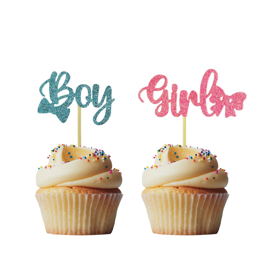 Morndew 24 PCS Glitter Bowknot Girl or Tie Boy Cupcake Toppers for Baby Shower Gender Reveal Party Birthday Party Decorations - Boy or Girl - He or