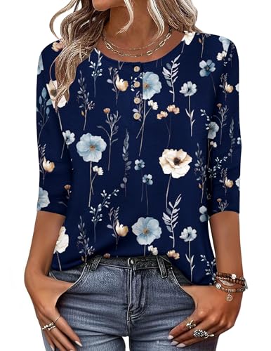 Zeagoo 3/4 Sleeve T Shirt for Women Dressy Crew Neck Floral Blouses Blue Flower Print Cute Tunic Tops M