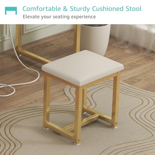 Image of Small Makeup Vanity Desk with Lights, 31 inch Girls Vanity Set with Mirror and Chair, Make Up Dresser Table with Drawers and Power Outlet for Bedroom Small Space, White and Gold
