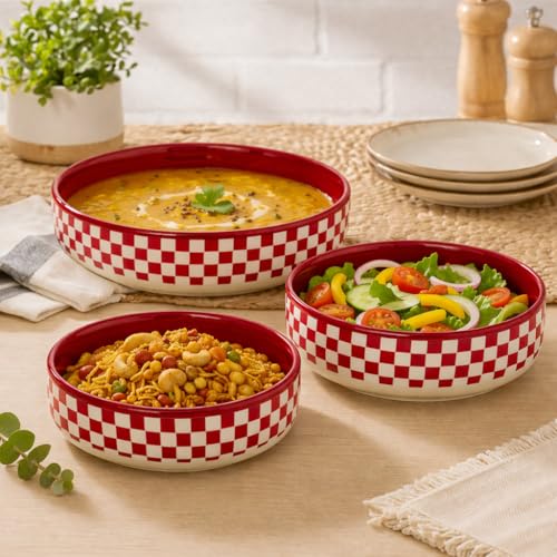 Image of Niyara Stoneware Handmade Ceramic Stylish Premium Serving Bowls /Salad Tray Microwave Dishwasher Safe (White & Red Pattern Set of 3)