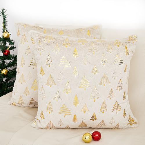 Canple Juego de 2 fundas de almohada de Navidad de 18 x 18 pulgadas, fundas de almohada esponjosas de pelo sintético de doble cara para árbol de Navidad, Navidad, invierno, vacaciones, decoración del