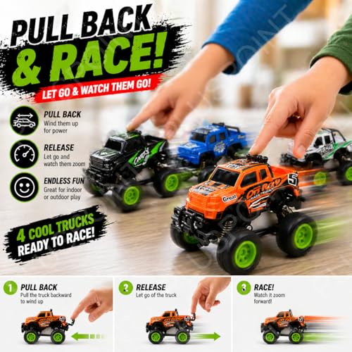Image of PLUSPOINT 4 Pack Die-Cast Monster Trucks for Kids, Pull Back Toy Cars 1:48 Scale, Metal Body Off-Road Big Tire Trucks with Shock Absorbers, Durable Mini Monster Truck Set for Boys and Girls Ages 3-8