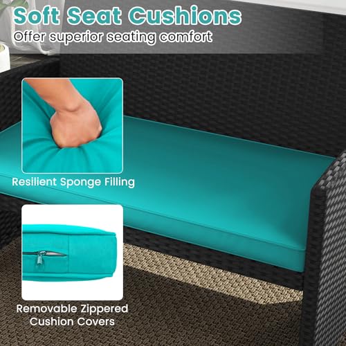 Image of Tangkula 4 Pieces Patio Wicker Furniture Set, Outdoor Heavy Duty Rattan Cushioned Chairs, Loveseat and Tempered Glass Coffee Table, for Backyard, Balcony, Poolside (Turquoised,1)
