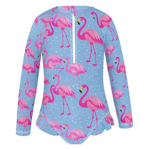 Girls Swimsuit Long Sleeve Fake Glitter Cartoon Flamingo Blue Girls Swimming Suits Toddler Bathing Suit2