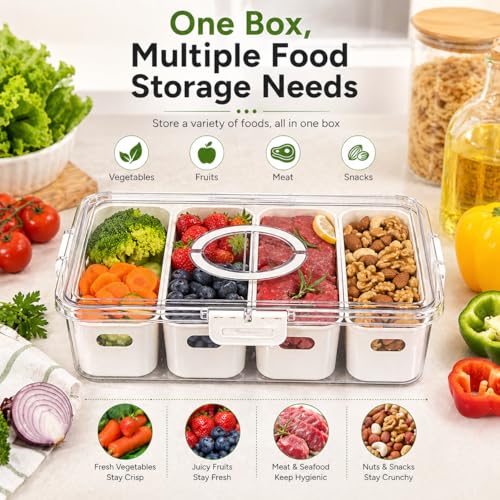 Image of Premium 4 Compartment Fridge Storage Box with Drain Tray & Lid | Large Capacity Refrigerator Organizer for Vegetables, Fruits & Meat | Leakproof, Stackable Kitchen Container (Transparent)