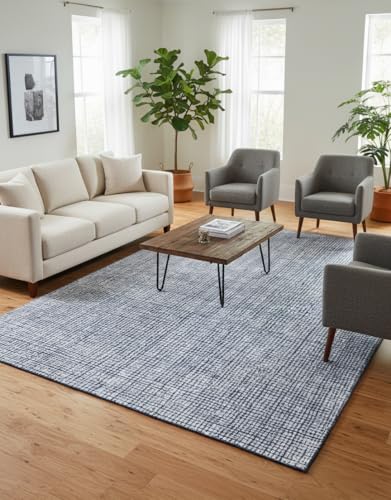 Image of Hand-Tufted 100% Wool Pile Area Rug - Geometric Textured Grid Check Pattern - Thick and Durable Floor Carpet for Bedroom, Living Room, Kids Room, and Dining Area (Navy Blue, 5' x 5')