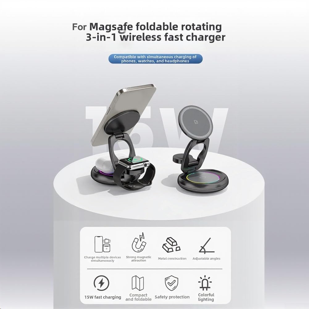 Caricatore wireless pieghevole 3 in 1 da 15 W, design dinamico regolabile per ricarica auricolari iPhone Watch (grigio)