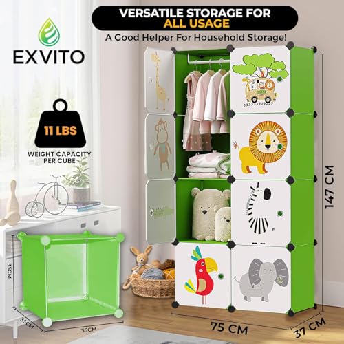 Image of EXVITO 8 Door Kids Plastic Wardrobe for Clothes, Foldable Plastic Almirah for Clothes, Collapsible Wardrobe for Storage, Baby Cupboard for Clothes, Storage Rack for Kids - Green