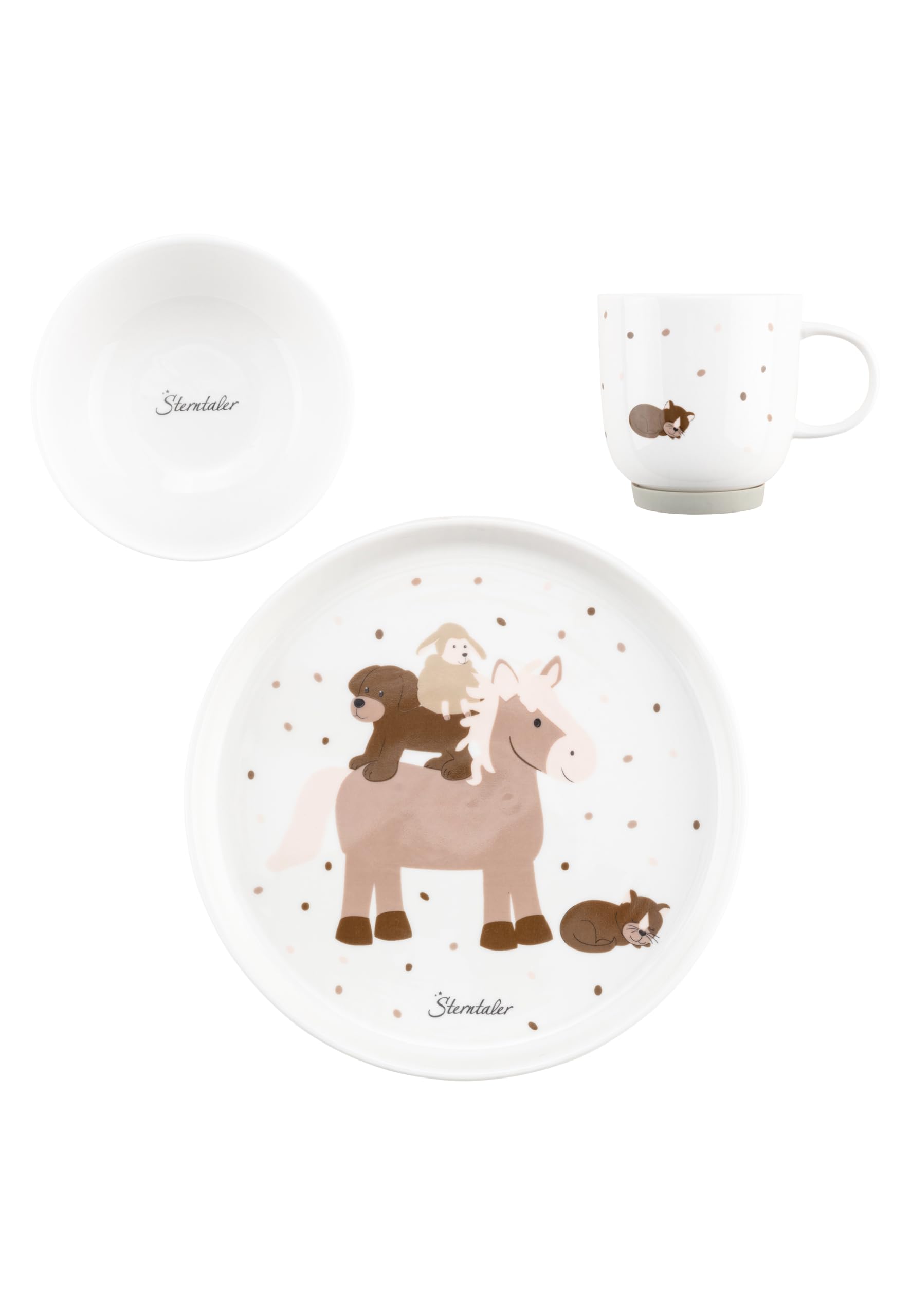 Sterntaler Porzellan-Geschirrset Bauernhof – Teller, Müsli-Schale (400 ml) und Tasse (200 ml) in Weiß mit rutschfestem Silikonsockel