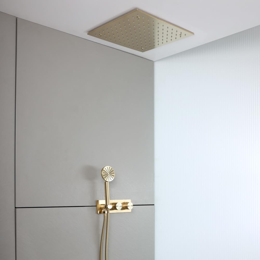 Milano Brushed Brass Lune Thermostatic Mixer Valve 400Mm Rainfall Shower Head Handset