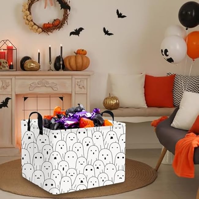 Rectangular Halloween Basket,Trick or Treat Basket for Boys and Girls,Waterproof collapsible storage box,Halloween Decor,Gift box(Little ghost)