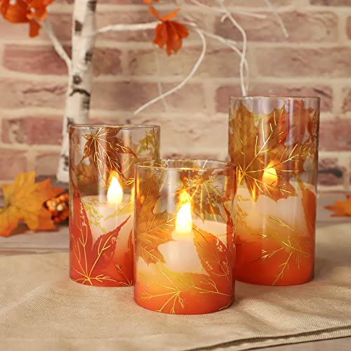 REVELBUNNY Fall Leaves Flameless Candles with Remote Flickering Decorative LED Pillar Candles Battery Operated Glass Effect Electric Candles for Thanksgiving Autumn Harvest Christmas - Set of 3