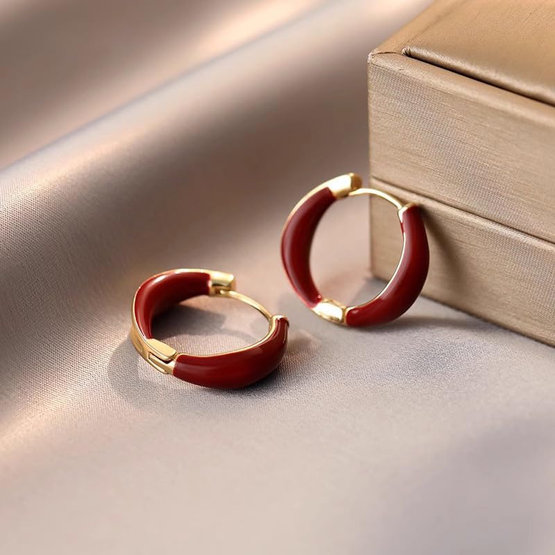 Vintage Burgundy Red Enamel Gold Accent Hoop Earrings - Classic Round Earrings for Women2