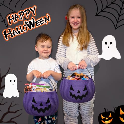 Image of Goodpick Halloween Pumpkin Basket with Cute Face and Sturdy Handles, Purple