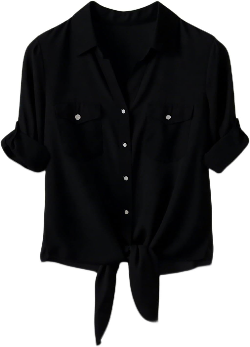 SRHJOPNFR Womens Tie Front Button Down Shirt Casual 3/4 Roll Up Sleeve Collared Work Blouse with Pockets