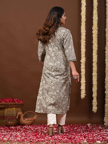 Image of Rimeline Women's Cotton Printed Kurta with Lace Trim Neckline | Straight Fit Ethnic Wear for Office, Casual & Daily Use
