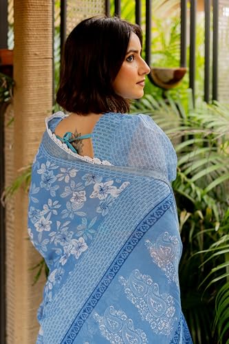 Image of MIRCHI FASHION Women's Ready-to-Wear Cotton Blend Pocket Saree || 1 Minute Drape Floral Printed Saree for Office & Daily Wear || Stitched Pleats Sari with Blouse