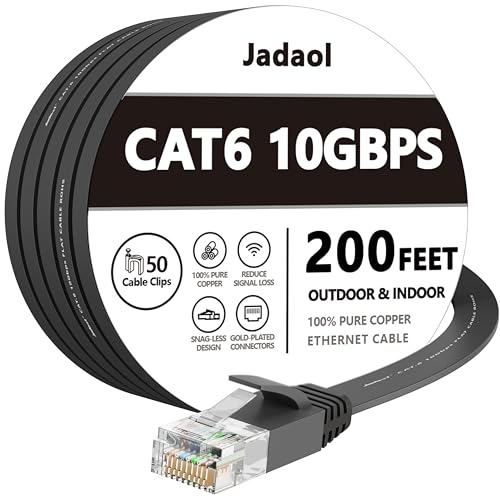 Jadaol Cat6/Cat6A Ethernet Cable 200FT Flat with Clips 10Gbps Network Black