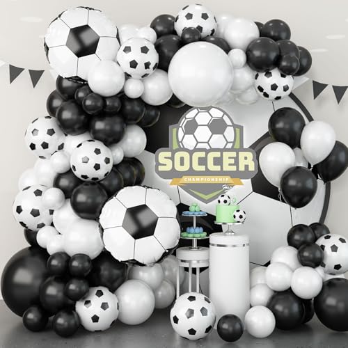 Image of Soccer Balloon Garland Arch Kit, 22 18 12 10 5 Inch Black White Football Print Balloons Arch Kit with 4D Football Foil Balloon Football Helium Balloon for Birthday Soccer Club Party
