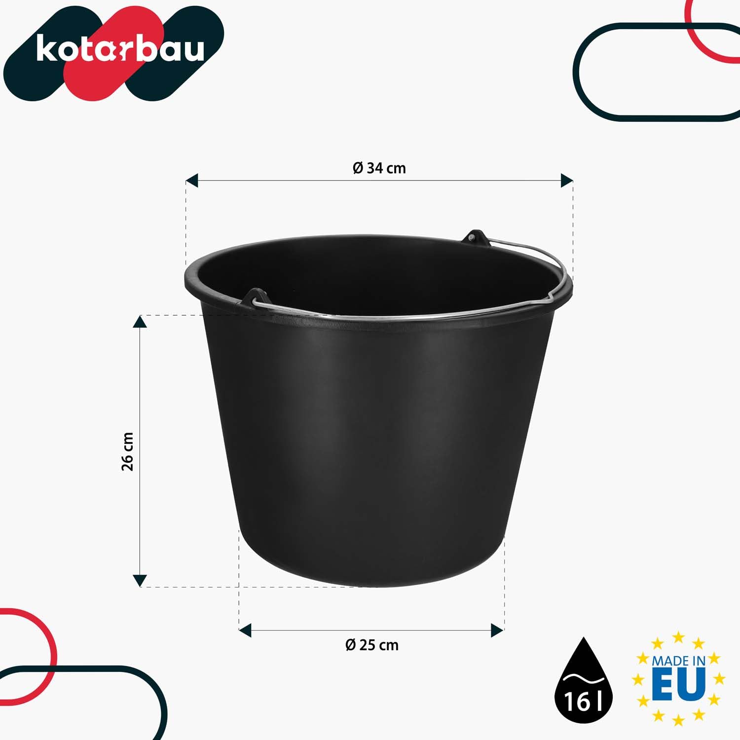KOTARBAU® Jeu de 20 Seaux de Construction 16l Seau à plâtre Seau à mortier Seau à Ciment Seau à Eau Seau de Jardin Seau en Plastique Noir