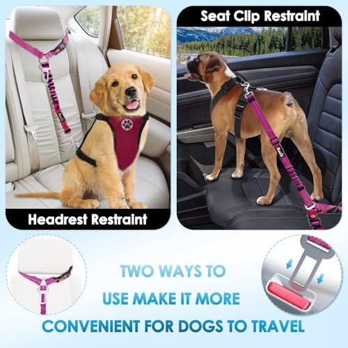 Image of SlowTon Dog Seat Belt for Car, 2 Pack Dog Car Harness Seatbelt with Bungee | 2 in 1 Pet Car Leash Headrest Restraint & Dog Safety Tether Clip, Adjustable with Elastic Buffer, Reflective, Fushia M /L