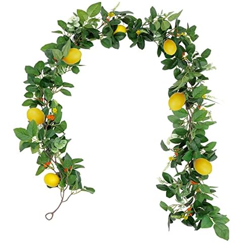 Homodeco 1.85m Artificial Lemons Garland | Greenery Garland with 7 Lemons | Artificial Lemon Rattan with Green Leaves and Lemons, Spring Fruit Garland for Front Door, Table, Party, Wedding Cover