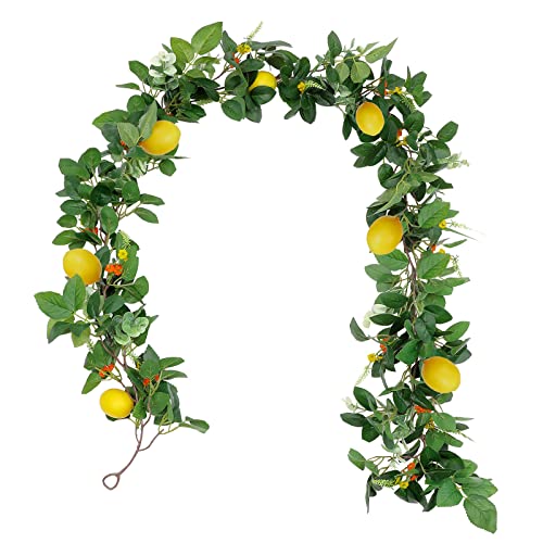 Homodeco 1,85 M Künstlicher Greenery Girlande mit 7 Zitrone, Zitronegirlande mit Grünen Blättern und kleine Blumen, Frühling Obstgirlande für Haustür Wandtisch Home Schrank Party Hochzeit Cover