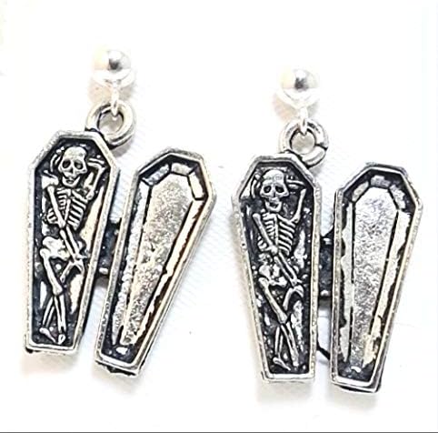 Pewter Skeleton in Coffin Charms on Hypoallergenic Ball Post Stud Earrings
