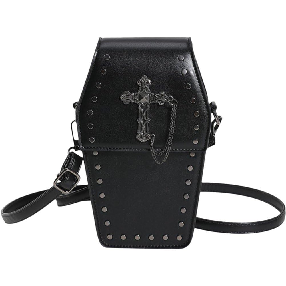 Ppmter Gothic Coffin Purse Halloween Purses Shoulder Bag Small Crossbody Bag Halloween Cross Rivets Crossbody Bag for Women