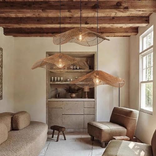 PETRLOY Boho Wicker Chandelier, Rustic Rattan Basket Pendant Light Fixture Coastal Crafts Lampshade, Farmhouse Hanging Lamp Ceiling Lighting for Kitchen Dining Room - Image 4
