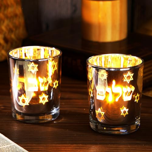 Image of Honeydak Set of 2 Shabbat Tealight Holders Silver Jewish Judaica Gift Set Electroplated Glass Modern Shabbat Decorative Light Holders for Tea Lights Hanukkah Gifts