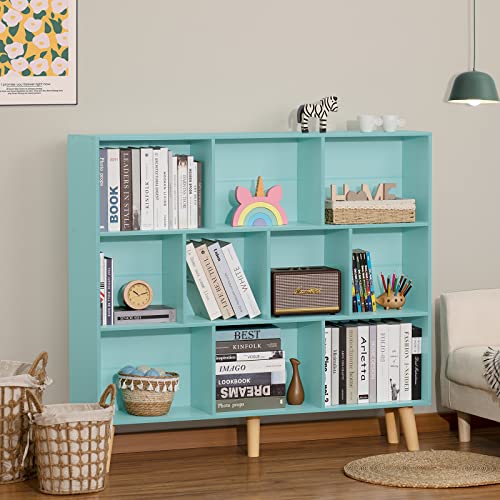 Leyaoyao 10 Cube Bookshelf,3 Tier Modern Wide Bookcase With Legs,Mid-Century Wood Bookshelves Storage,Mint-Green Large Book Case,Freestanding Organizer Display Shelf For Bedroom,Living Room,Office #TOP1