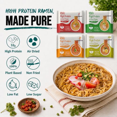 Image of VOLO VERO Protein (32g) Ramen Variety Pack - Chicken, Spicy inchBeef, Kimchi, Curry inch, 8 Packs Instant High Protein Ramen Noodles Soup, Plant-Based, Non-Fried, Vegan, Low Fat, Egg & Dairy Free Healthy Meal