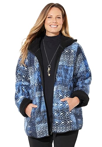 Catherines Women's Plus Size Printed Fleece Coat With Sherpa Lining