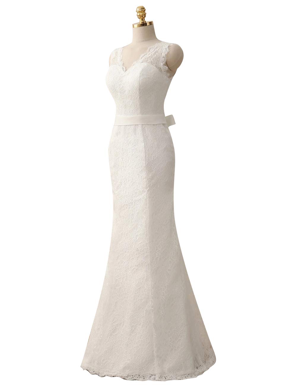 Elegante Vestido de Novia Simple de Cuello V, Blanco, 40